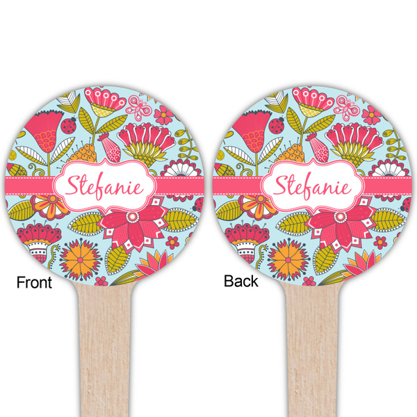 Wild Flowers Wooden 4" Food Pick - Round - Double Sided - Front & Back