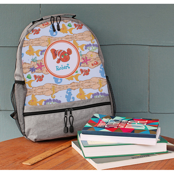 Under the Sea Large Backpack - Gray - On Desk