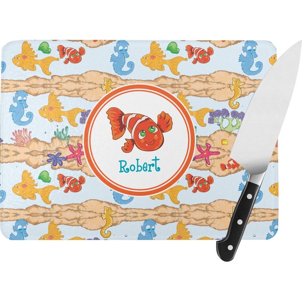 Custom Under the Sea Rectangular Glass Cutting Board - Large - 15.25"x11.25" w/ Name or Text