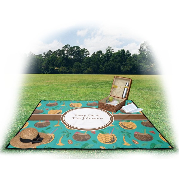 Coconut Drinks Picnic Blanket - with Basket Hat and Book - in Use
