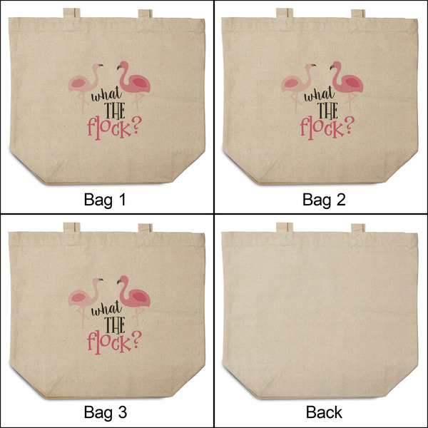 Pink Flamingo 3 Reusable Cotton Grocery Bags - Front & Back View