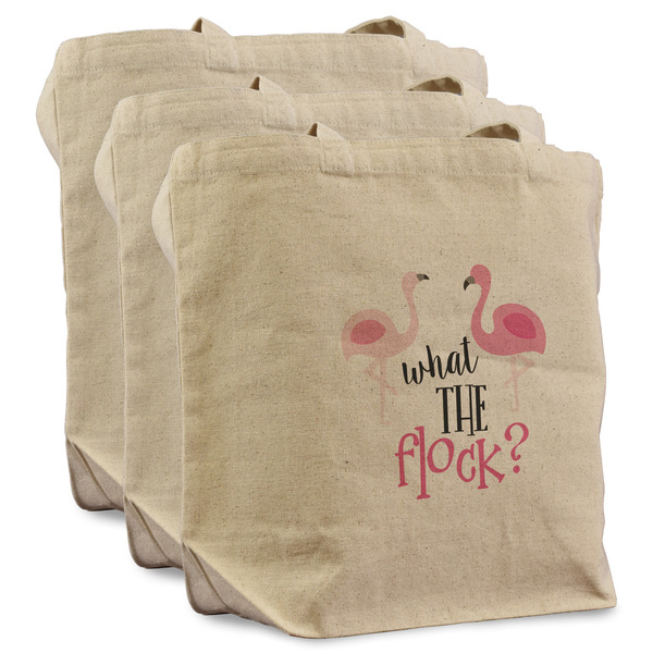 Custom Pink Flamingo Reusable Cotton Grocery Bags - Set of 3