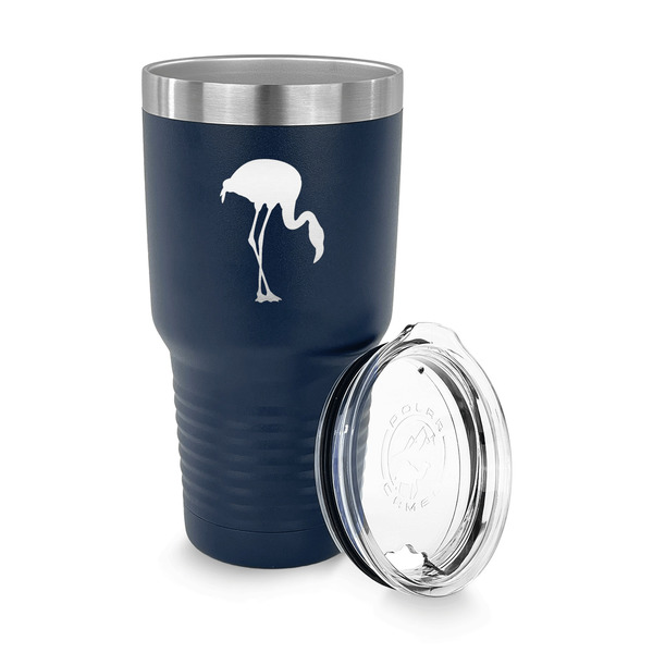 Pink Flamingo 30 oz Stainless Steel Ringneck Tumblers - Navy - LID OFF