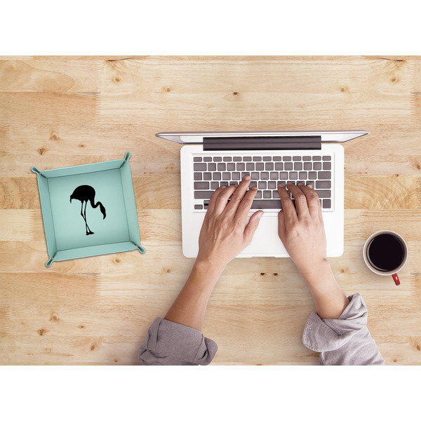 Pink Flamingo 6" x 6" Teal Leatherette Snap Up Tray - LIFESTYLE