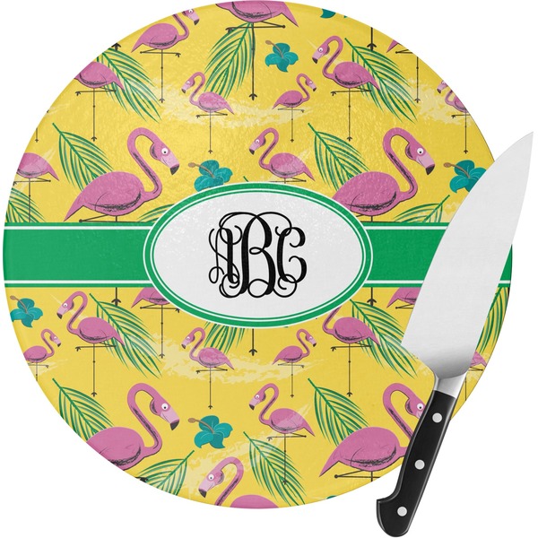 Custom Pink Flamingo Round Glass Cutting Board - Small (Personalized)