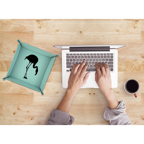 Pink Flamingo 9" x 9" Teal Leatherette Snap Up Tray - LIFESTYLE