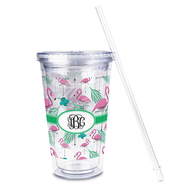 Pink Flamingo Acrylic Tumbler - Full Print - Front straw out