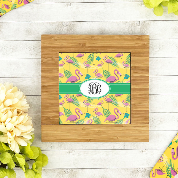 Pink Flamingo Bamboo Trivet with 6" Tile - LIFESTYLE