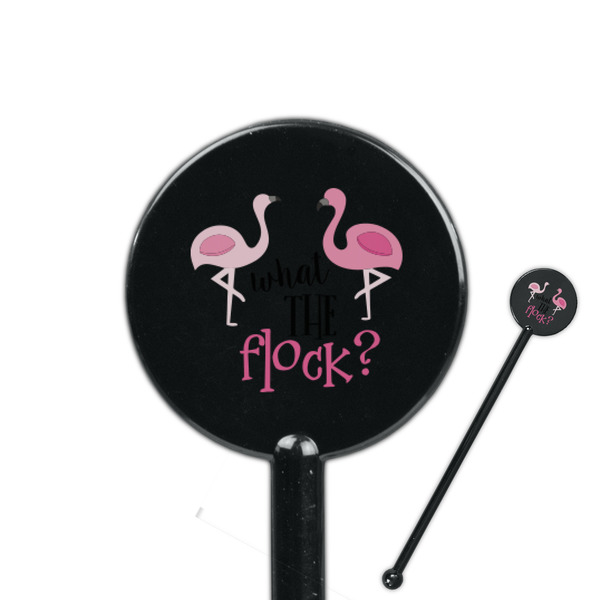 Custom Pink Flamingo 5.5" Round Plastic Stir Sticks - Black - Single Sided