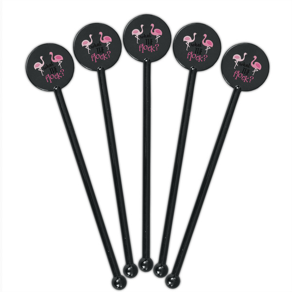 Pink Flamingo Black Plastic 5.5" Stir Stick - Round - Fan View