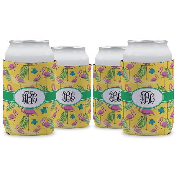 Custom Pink Flamingo Can Cooler (12 oz) - Set of 4 w/ Monogram
