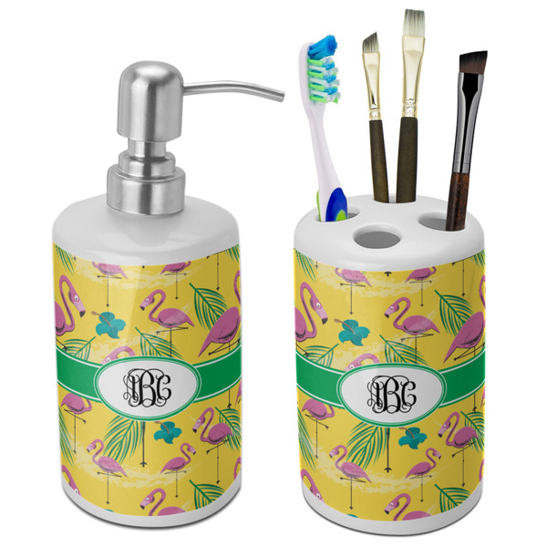 Custom Pink Flamingo Ceramic Bathroom Accessories Set (Personalized)