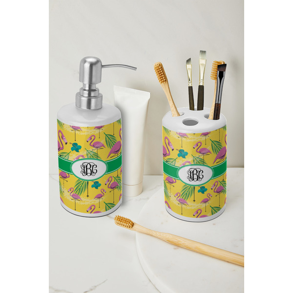 Pink Flamingo Ceramic Bathroom Accessories - LIFESTYLE (toothbrush holder & soap dispenser)