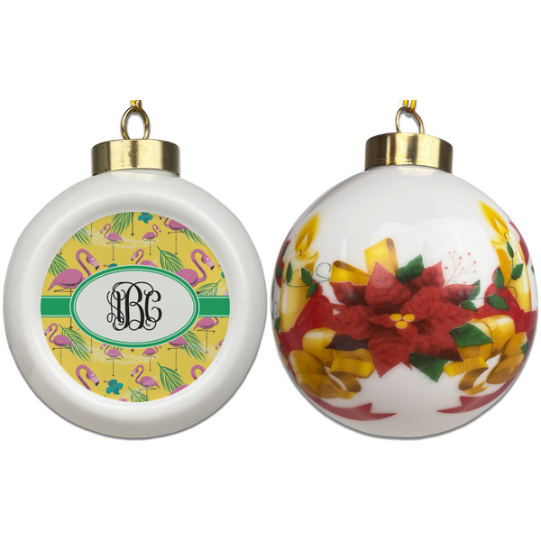 Pink Flamingo Ceramic Christmas Ornament - Poinsettias (APPROVAL)