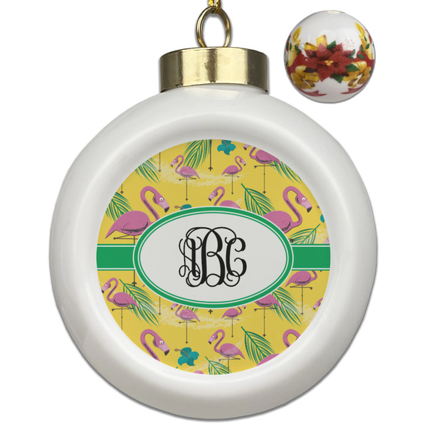 Custom Pink Flamingo Ceramic Ball Ornaments - Poinsettia Garland (Personalized)