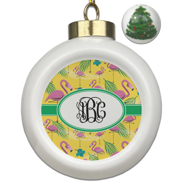 Custom Pink Flamingo Ceramic Ball Ornament - Christmas Tree (Personalized)