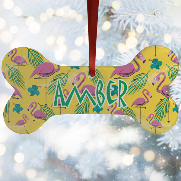 Custom Pink Flamingo Ceramic Dog Ornament w/ Monograms