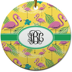 Pink Flamingo Round Ceramic Ornament w/ Monogram