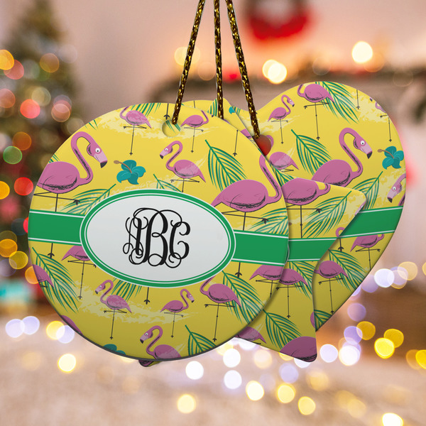 Custom Pink Flamingo Ceramic Ornament w/ Monogram