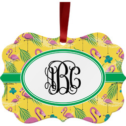 Pink Flamingo Metal Frame Ornament - Double Sided w/ Monogram