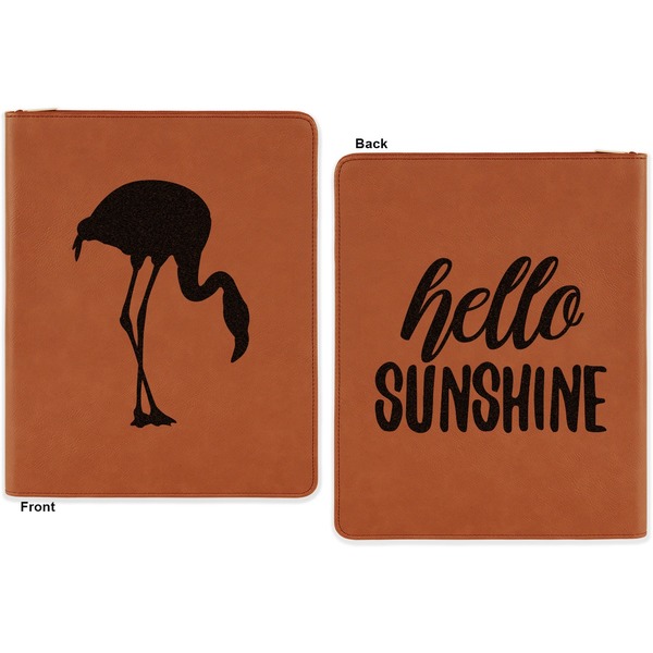 Pink Flamingo Cognac Leatherette Zipper Portfolios with Notepad - Double Sided - Apvl