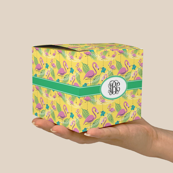 Pink Flamingo Cube Favor Gift Box - On Hand - Scale View