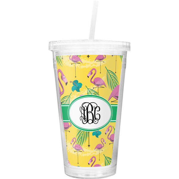 Custom Pink Flamingo Double Wall Tumbler with Straw (Personalized)