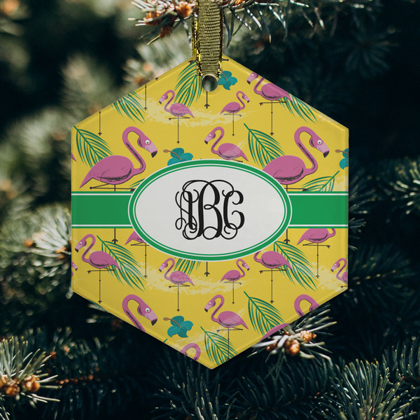 Pink Flamingo Frosted Glass Ornament - Hexagon (Lifestyle)