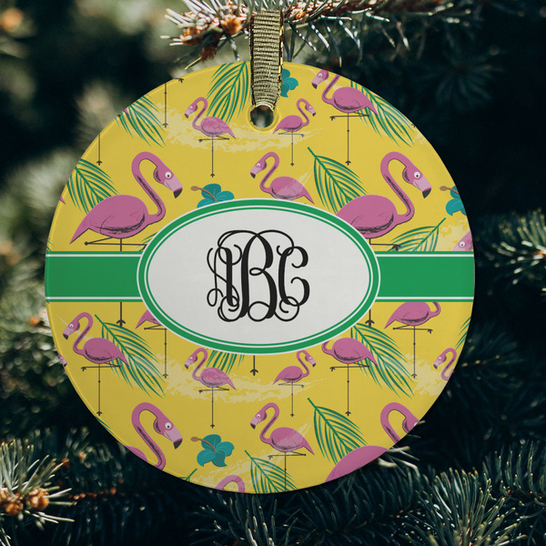 Pink Flamingo Frosted Glass Ornament - Round (Lifestyle)