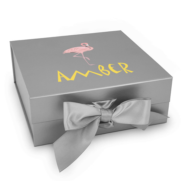 Custom Pink Flamingo Gift Box with Magnetic Lid - Silver