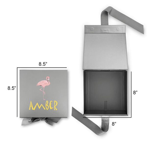 Pink Flamingo Gift Boxes with Magnetic Lid - Silver - Open & Closed