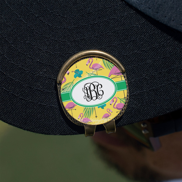 Pink Flamingo Golf Ball Marker Hat Clip - Gold - On Hat