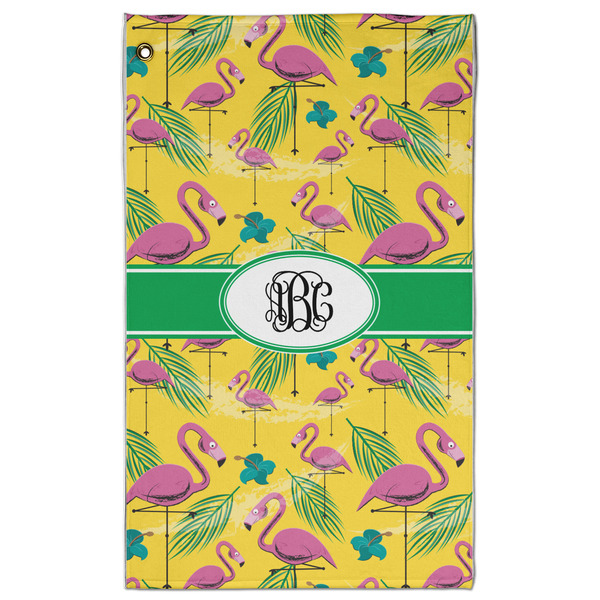 Custom Pink Flamingo Golf Towel - Poly-Cotton Blend w/ Monograms