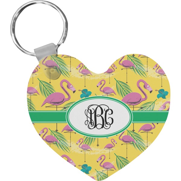 Custom Pink Flamingo Heart Plastic Keychain w/ Monogram