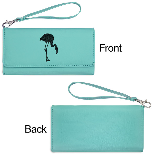 Pink Flamingo Ladies Wallets - Faux Leather - Teal - Front & Back View