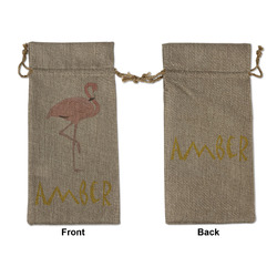 Pink Flamingo Large Burlap Gift Bag - Front & Back (Personalized)