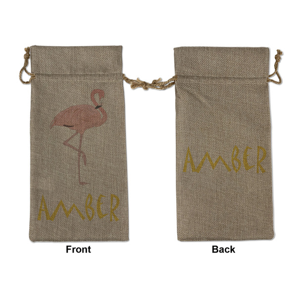 Custom Pink Flamingo Large Burlap Gift Bag - Front & Back (Personalized)