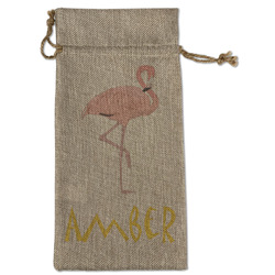 Pink Flamingo Large Burlap Gift Bag - Front