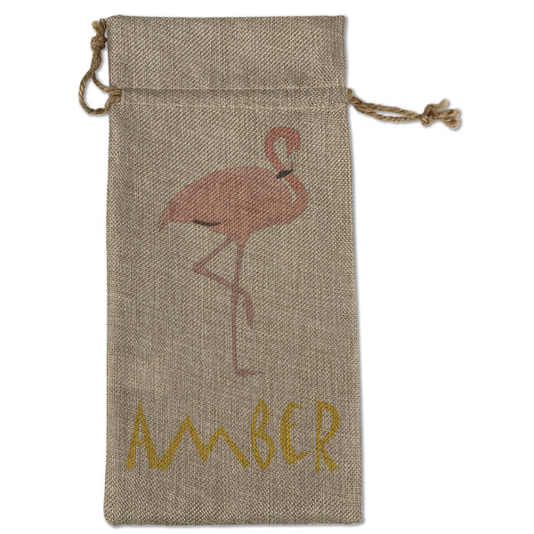 Custom Pink Flamingo Large Burlap Gift Bag - Front
