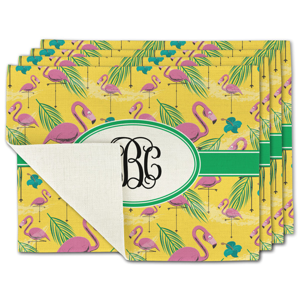 Custom Pink Flamingo Single-Sided Linen Placemat - Set of 4 w/ Monogram