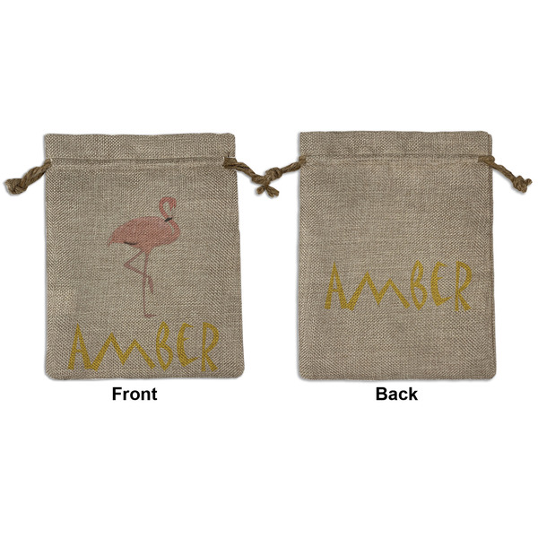 Custom Pink Flamingo Medium Burlap Gift Bag - Front & Back (Personalized)