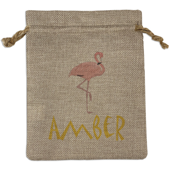 Custom Pink Flamingo Medium Burlap Gift Bag - Front
