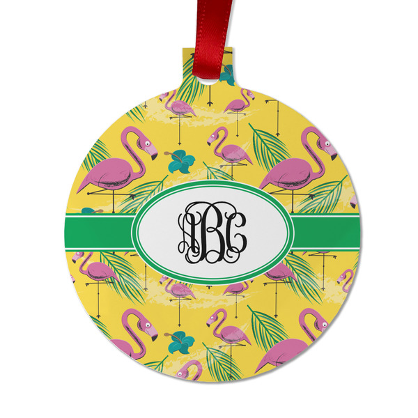 Custom Pink Flamingo Metal Ball Ornament - Double Sided w/ Monogram