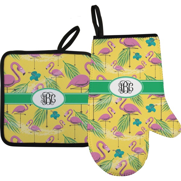 Custom Pink Flamingo Right Oven Mitt & Pot Holder Set w/ Monogram