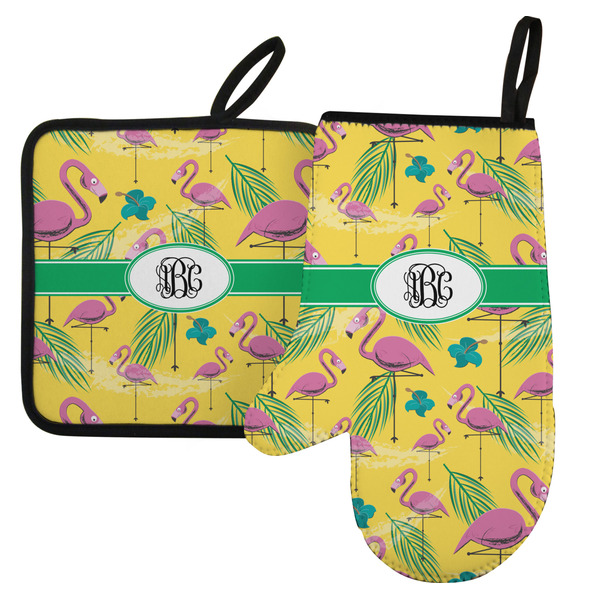 Custom Pink Flamingo Left Oven Mitt & Pot Holder Set w/ Monogram