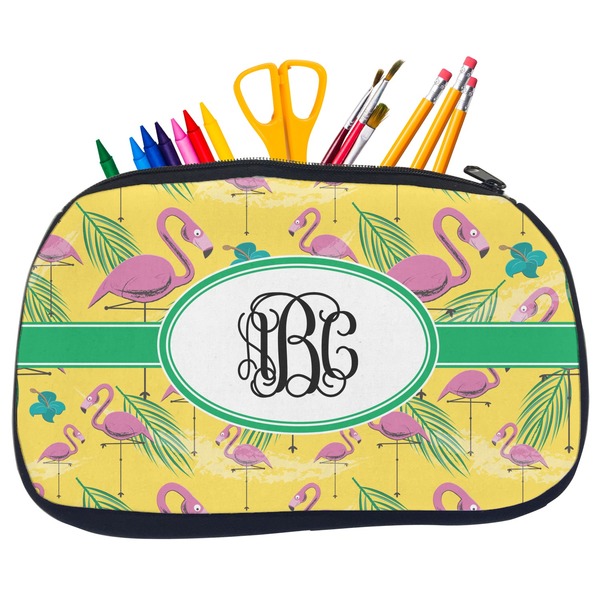 Custom Pink Flamingo Neoprene Pencil Case - Medium w/ Monogram
