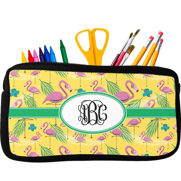 Custom Pink Flamingo Neoprene Pencil Case - Small w/ Monogram