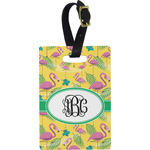 Pink Flamingo Plastic Luggage Tag - Rectangular w/ Monogram