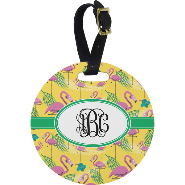 Custom Pink Flamingo Plastic Luggage Tag - Round (Personalized)