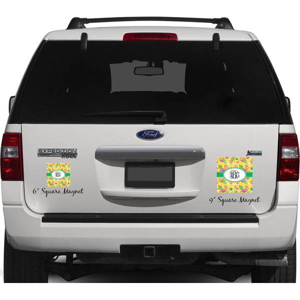Pink Flamingo Personalized Square Car Magnets on Ford Explorer